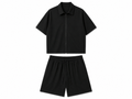 Set premium de vară pentru bărbați, negru intens, format din cămașă cu mânecă scurtă cu fermoar și pantaloni scurți cu șnur, material fin cu spandex.