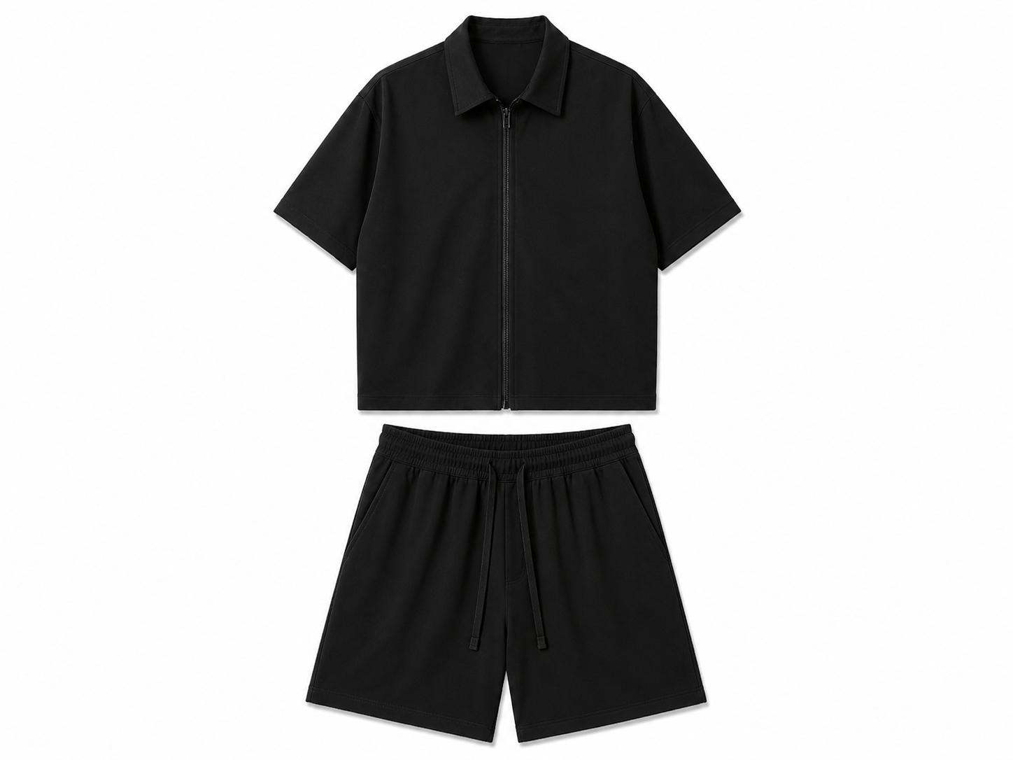 Set premium de vară pentru bărbați, negru intens, format din cămașă cu mânecă scurtă cu fermoar și pantaloni scurți cu șnur, material fin cu spandex.