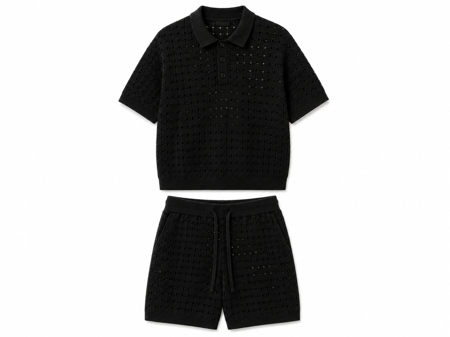 Set Tricotat Bărbați Negru tip Polo cu Perforații – 100% Bumbac