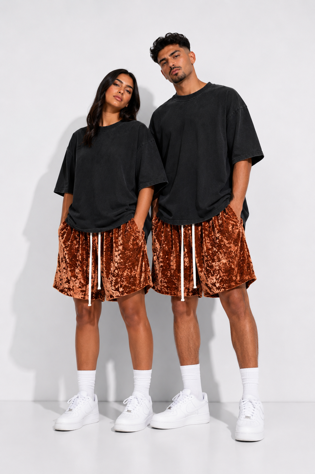Pantaloni scurți oversized din catifea maro cu design casual premium și talie elastică