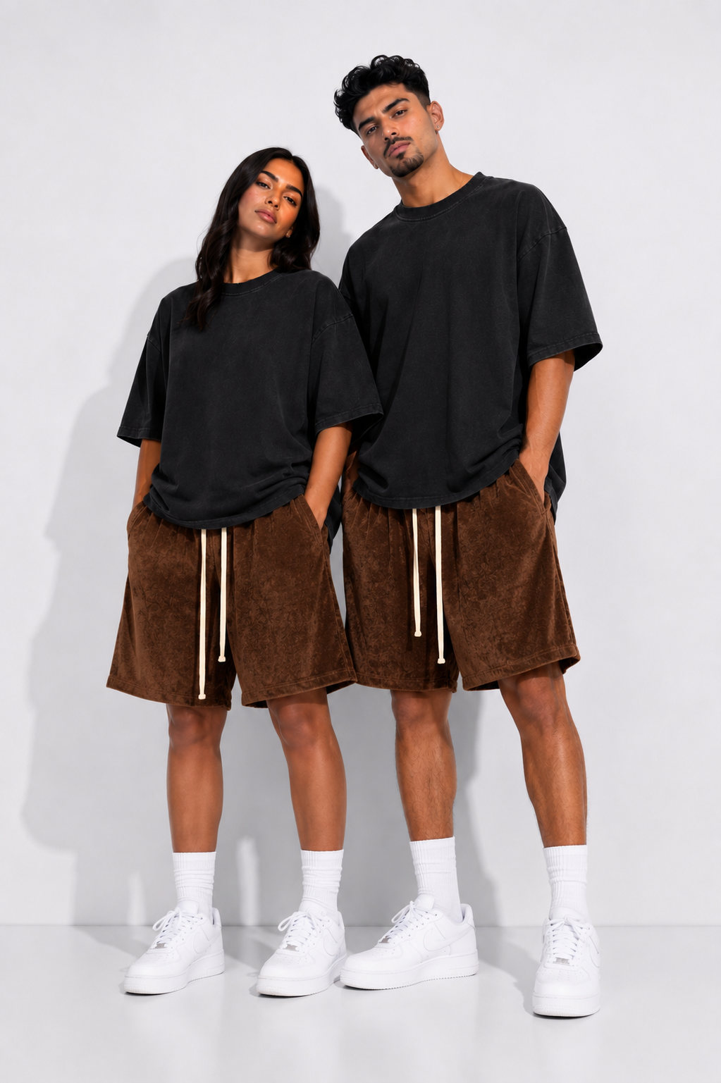 Pantaloni scurți casual din catifea maro cu croială relaxată și design modern