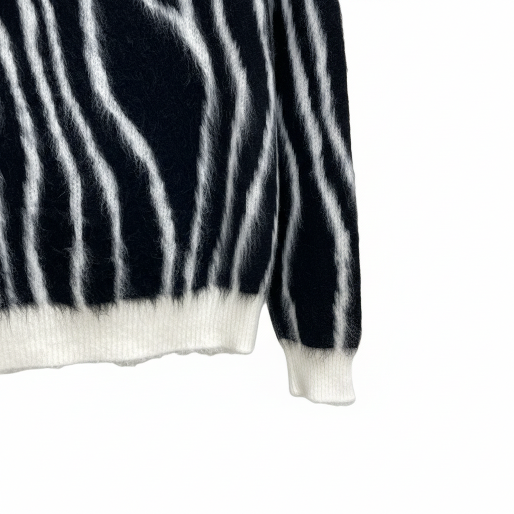 Ținută modernă cu pulover negru cu dungi albe, comod și ușor de asortat