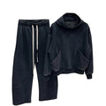 trening barbati bumbac negru spalat hanorac cu cusaturi si pantaloni largi cu siret lung