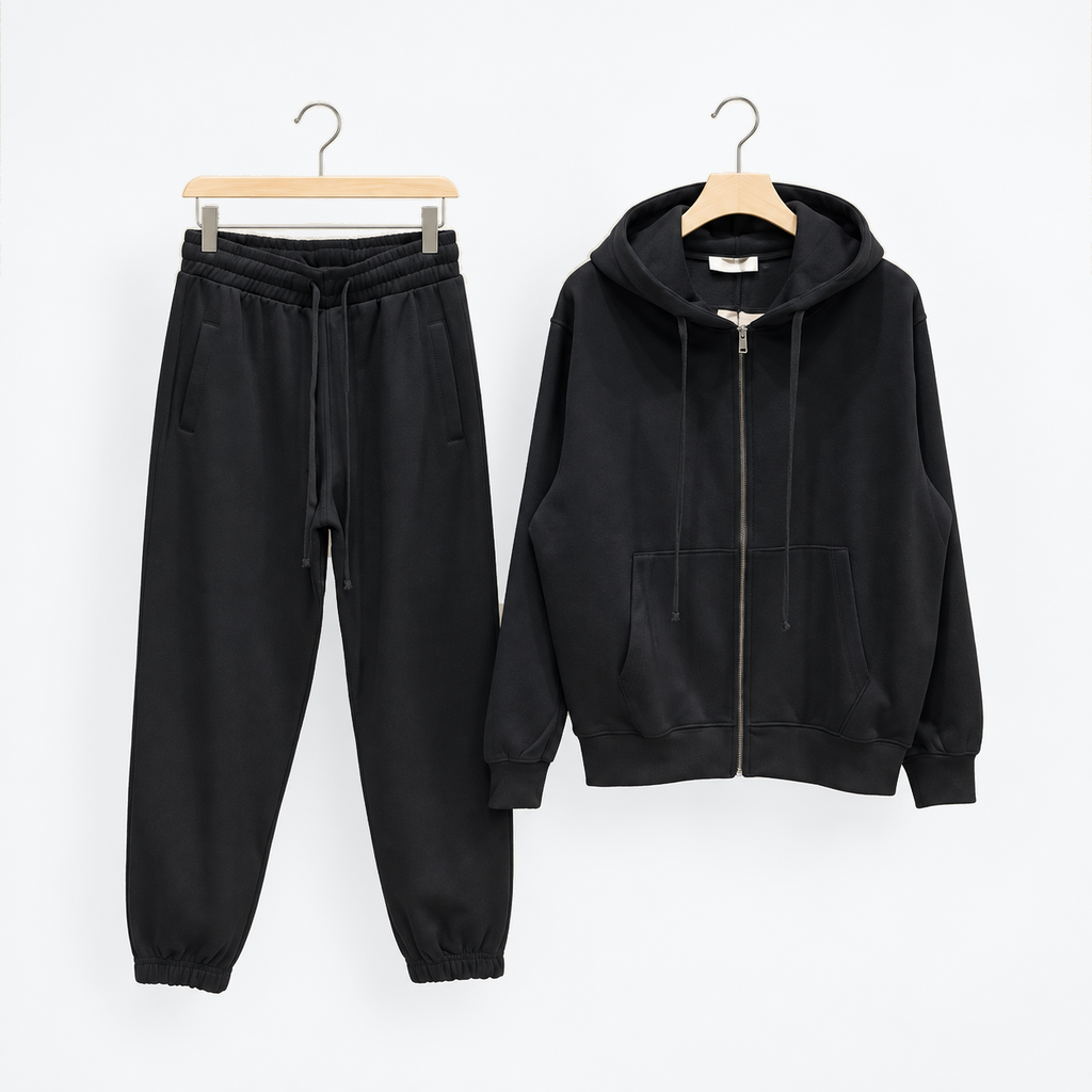 Trening Bărbați Negru cu Fermoar și Pantaloni Jogger — set complet
