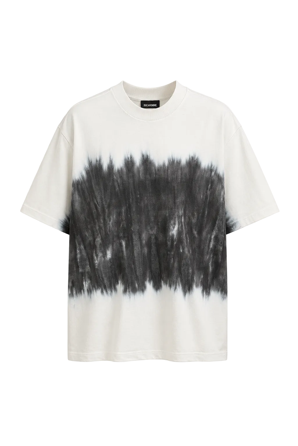 Tricou alb unisex cu efect de decolorare gri în centru, guler strâns pe gât