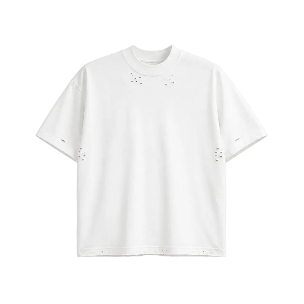Tricou unisex alb din bumbac 100% cu design modern cu rupturi pe umeri și piept