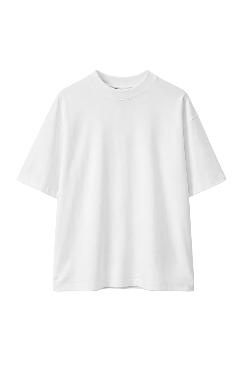 Tricou alb unisex din bumbac cu guler strâns pe gât, vedere frontală