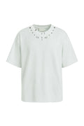 Tricou unisex alb din bumbac cu un design nou de ținte metalice aplicate pe piept.