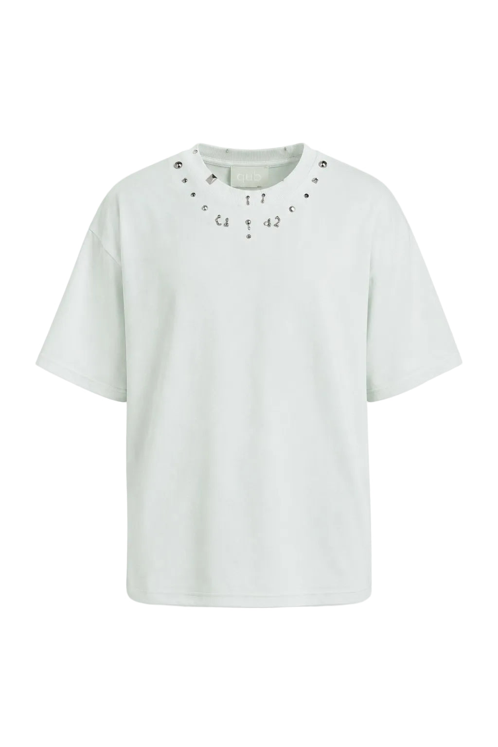Tricou unisex alb din bumbac cu un design nou de ținte metalice aplicate pe piept.