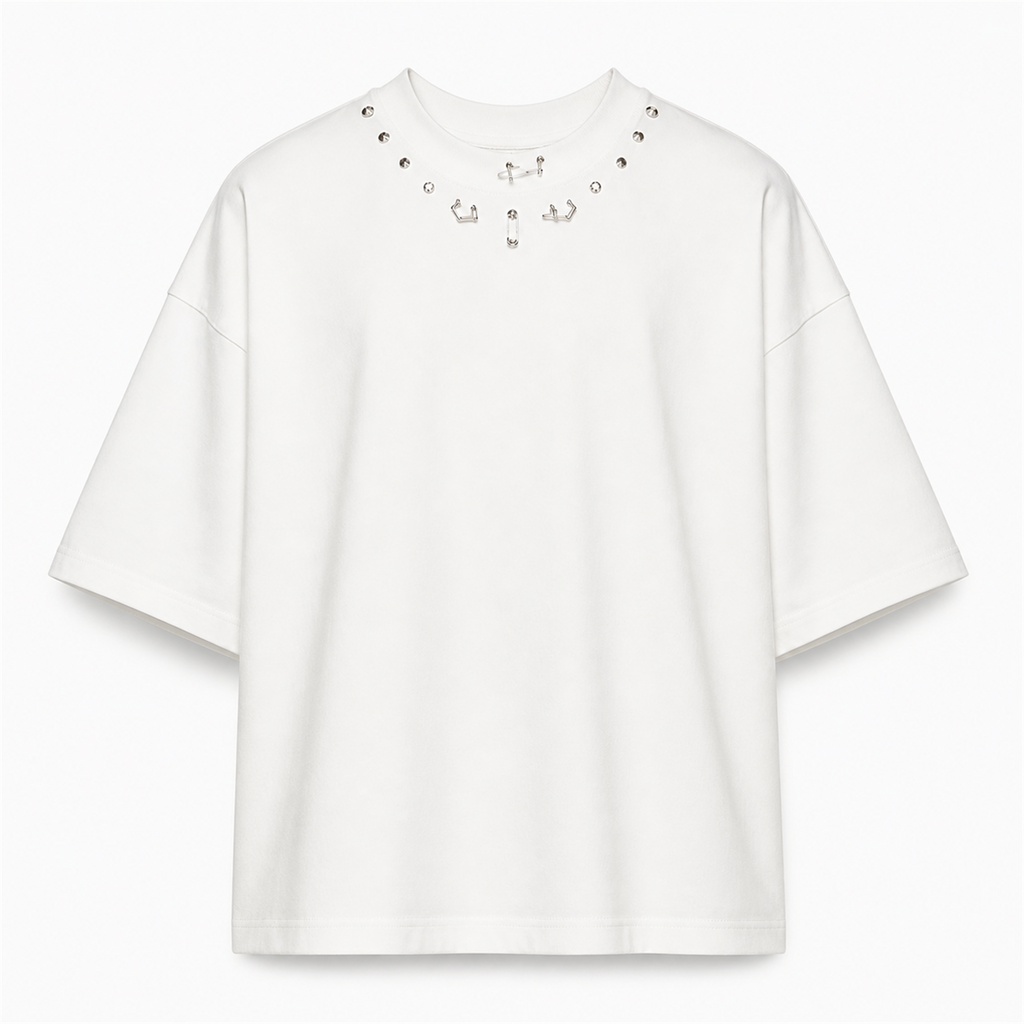 Tricou Bărbați Alb Oversized cu Mix de Ținte Metalice - vedere frontală ghost