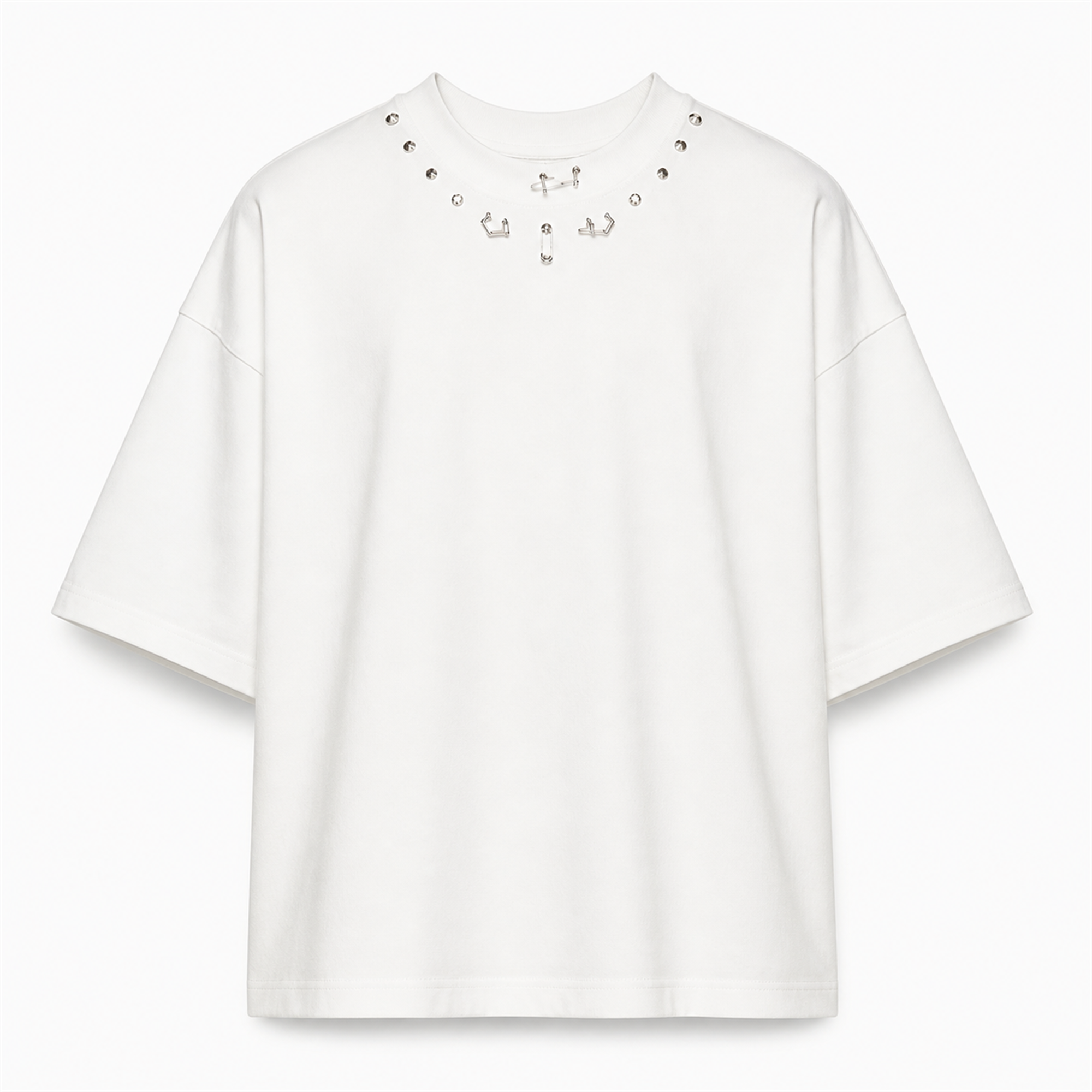 Tricou Bărbați Alb Oversized cu Mix de Ținte Metalice - vedere frontală ghost