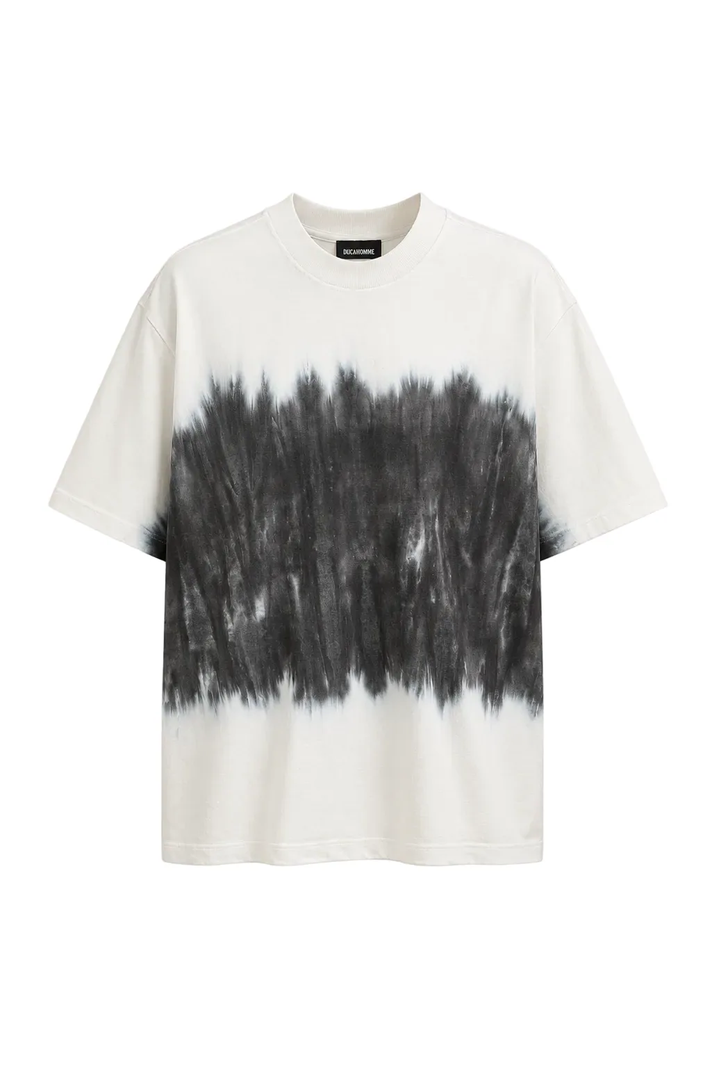 Tricou alb unisex cu efect de decolorare gri în centru, guler strâns pe gât