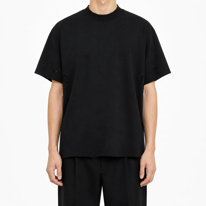Tricou Bărbați Negru cu Rupturi din Bumbac