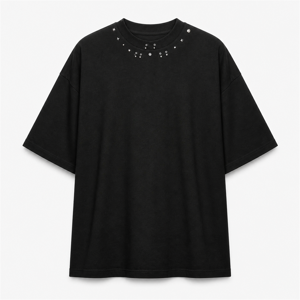 Tricou Bărbați Negru Oversized cu Mix de Ținte Metalice - vedere frontală ghost