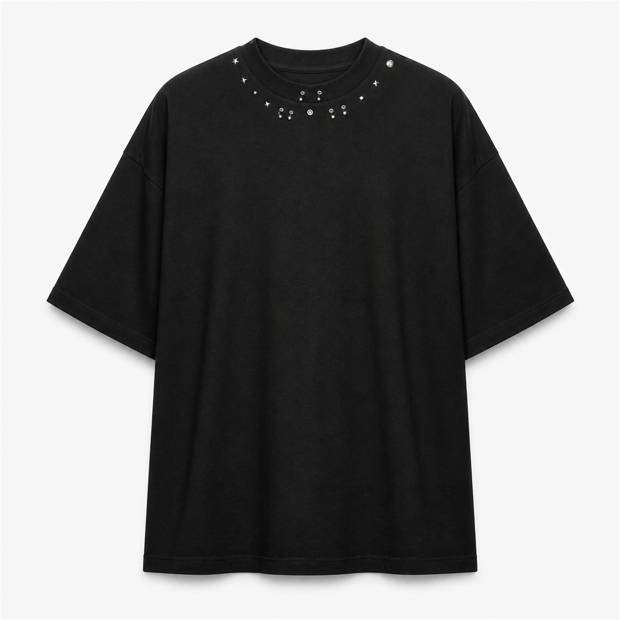 Tricou Bărbați Negru Oversized cu Mix de Ținte Metalice - vedere frontală ghost