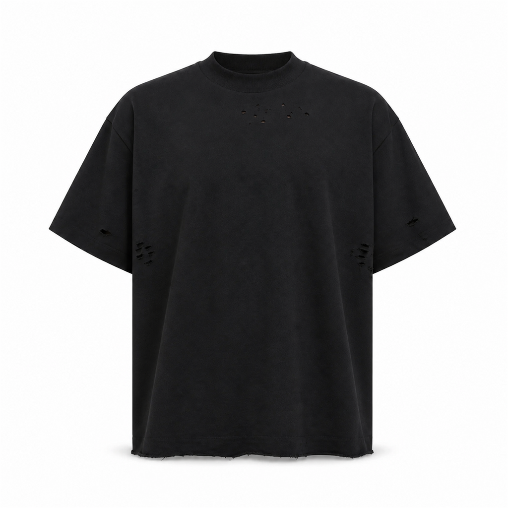 Tricou Bărbați Negru cu Rupturi din Bumbac - vedere frontală ghost