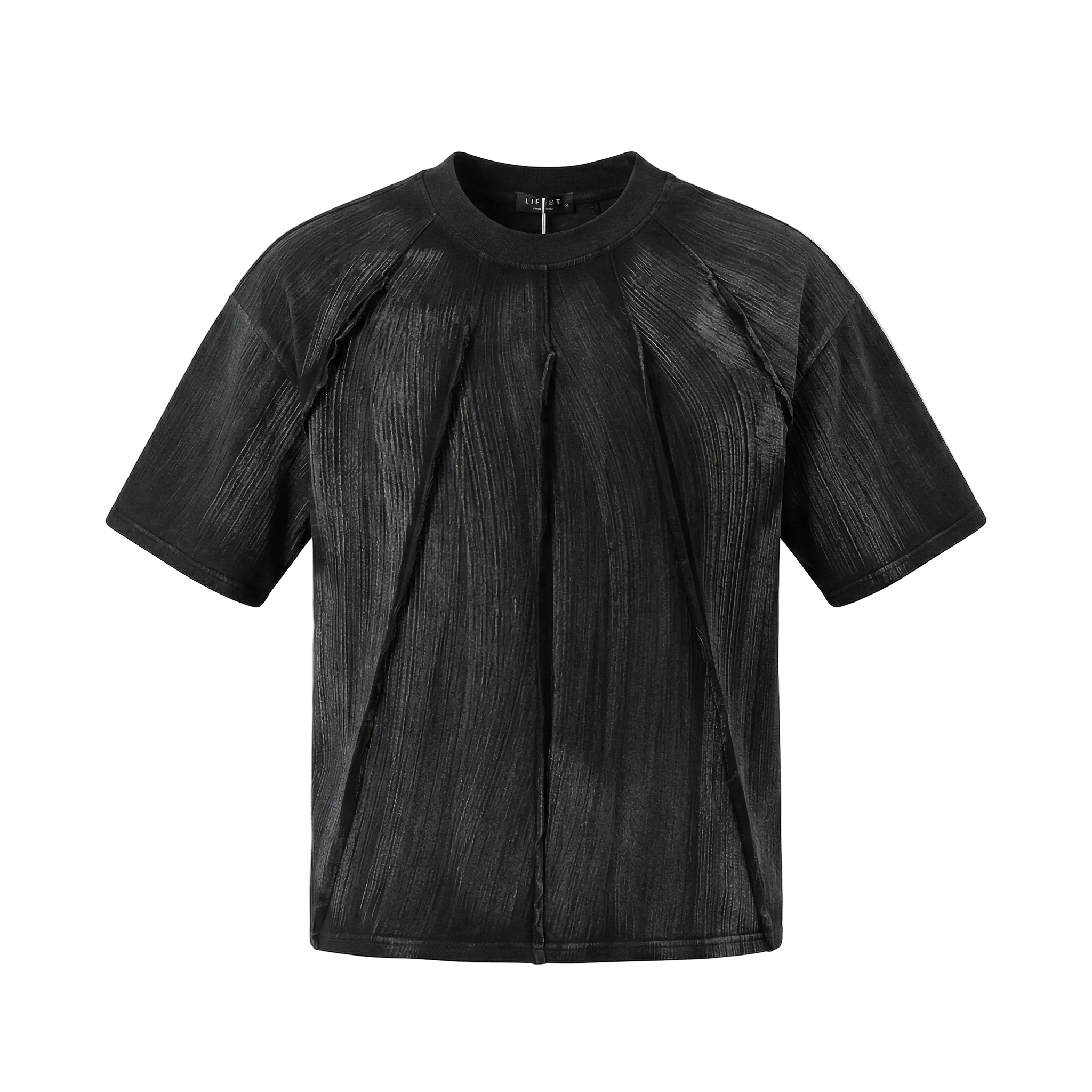 Tricou streetwear bărbați negru prespălat cu dungi gri, aspect uzat vintage, vedere din față