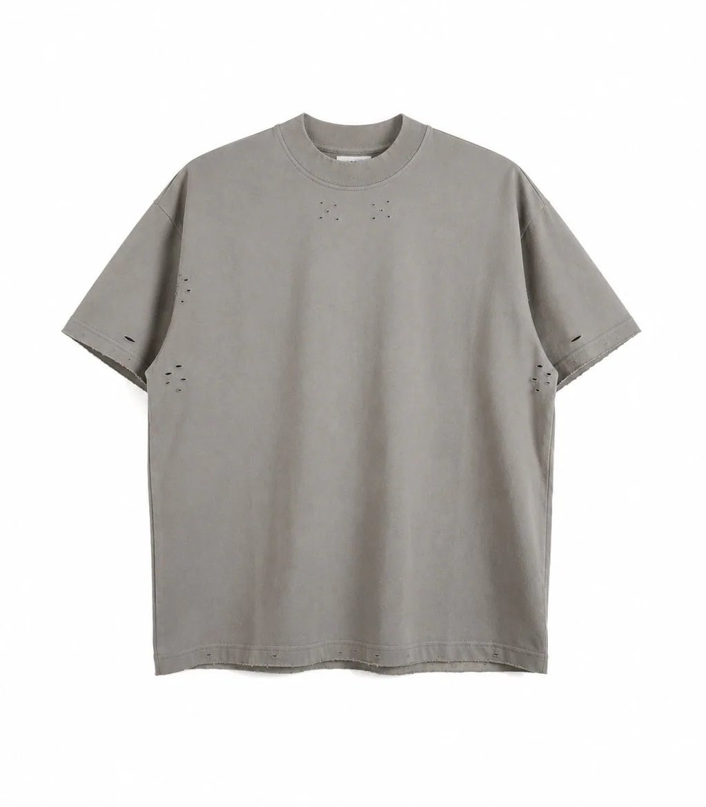 Tricou unisex gri deschis din bumbac cu rupturi discrete pe zone strategice