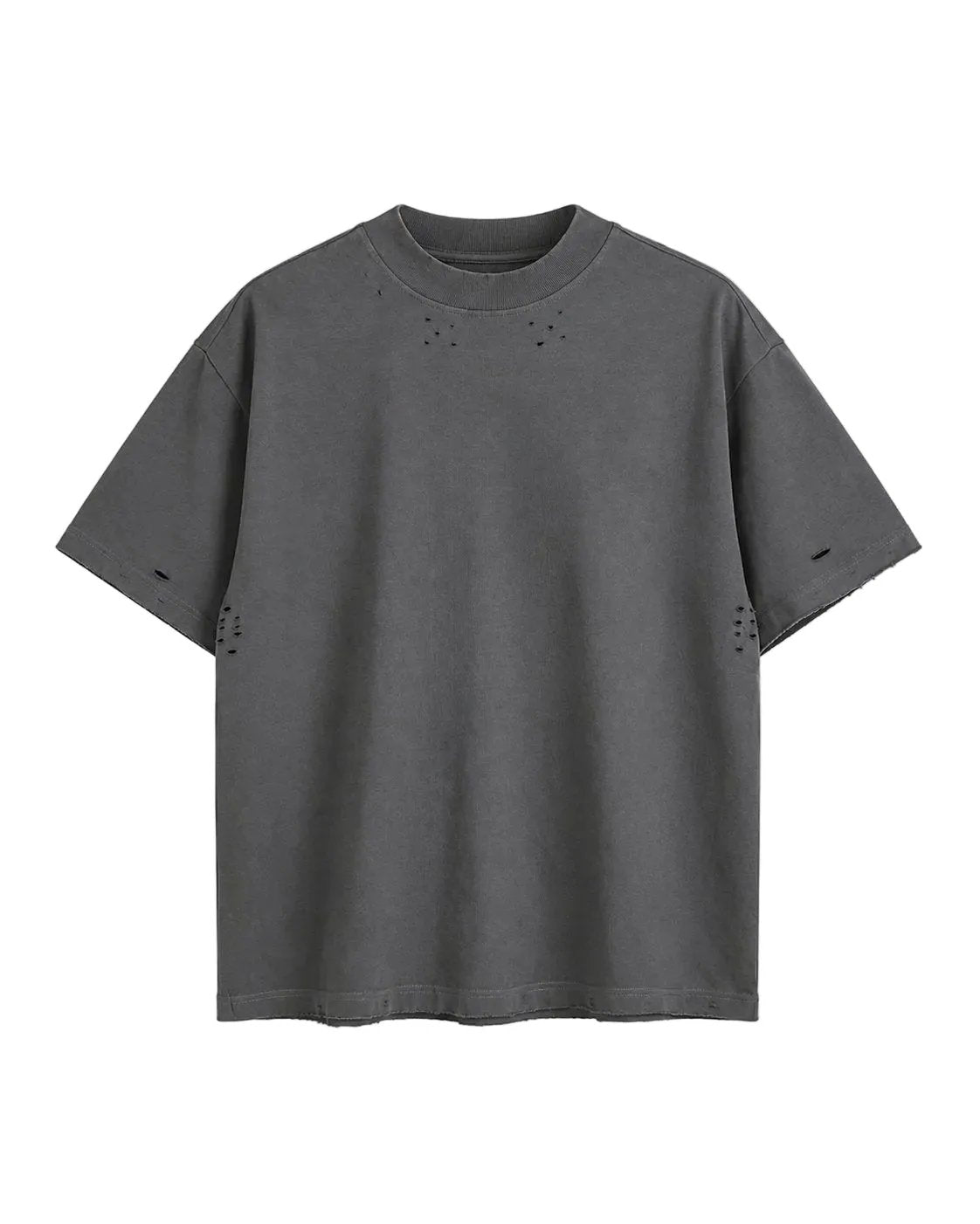 Tricou unisex gri închis cu rupturi discrete pe umeri și piept, croială regular fit