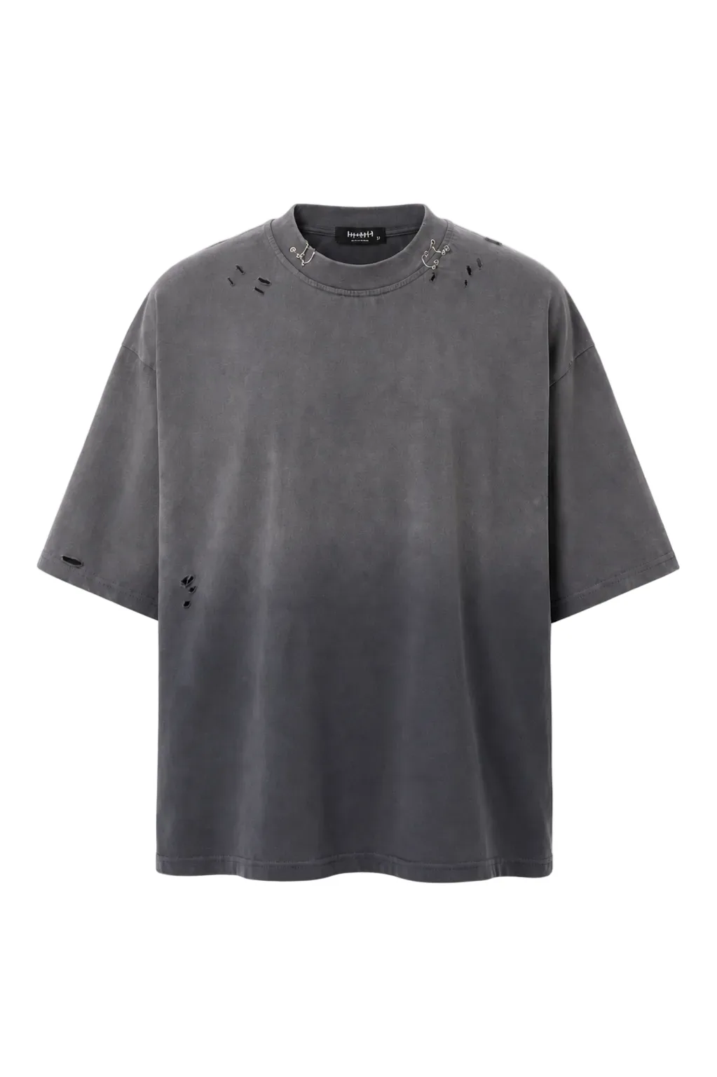 Tricou oversized gri închis, 100% bumbac, design streetwear grunge cu aspect distressed, rupturi intenționate și inele metali
