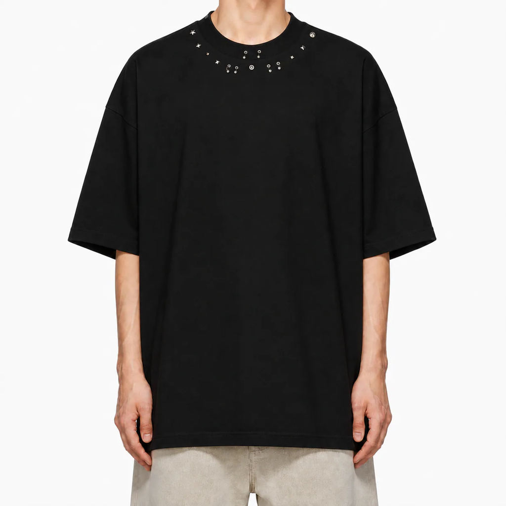 Tricou Bărbați Negru Oversized cu Mix de Ținte Metalice