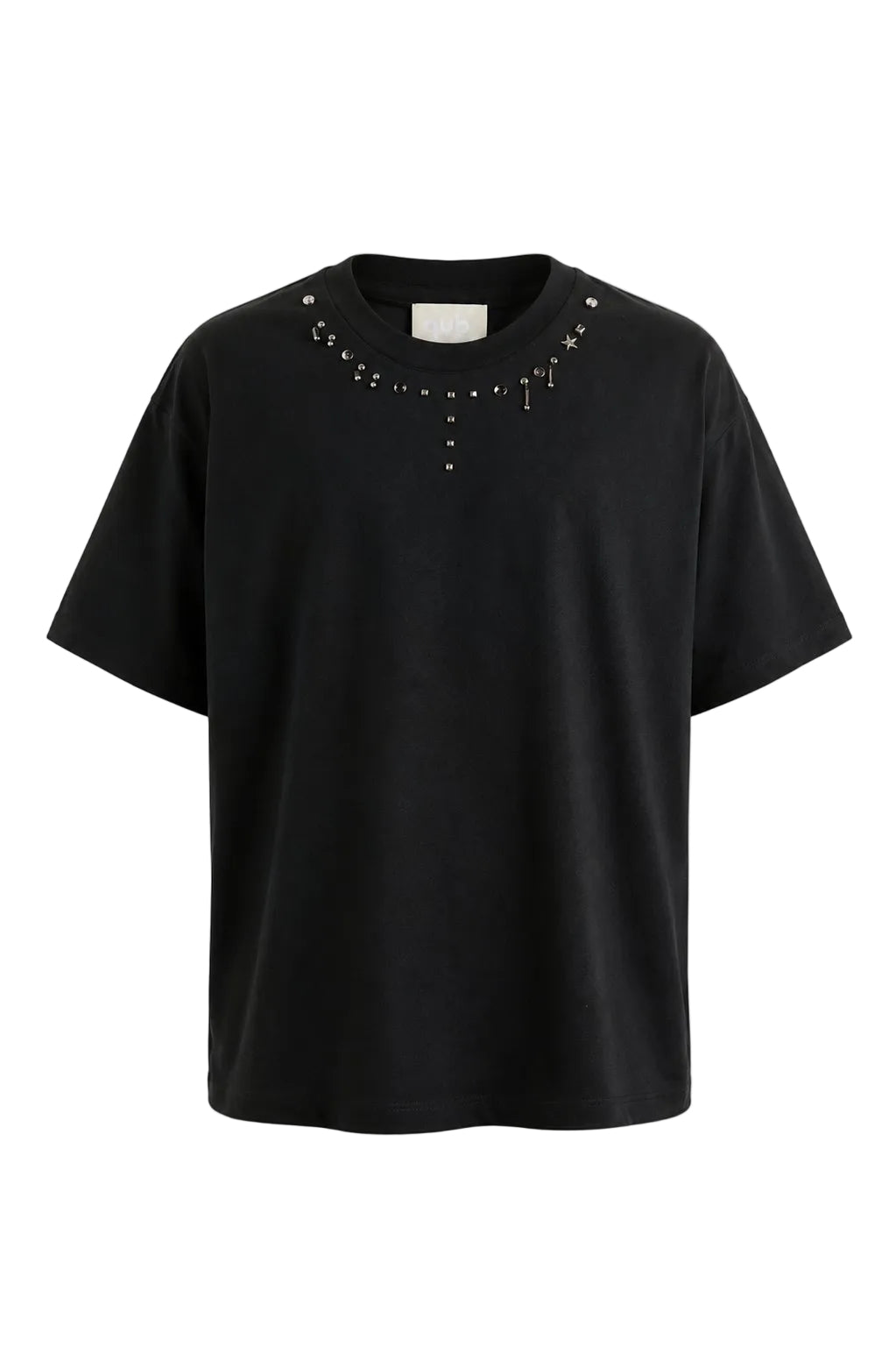 Tricou unisex negru din bumbac 100% decorat cu un mix de ținte metalice argintii