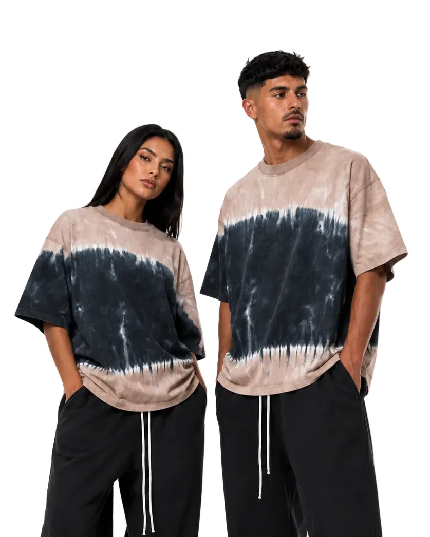 Tricou oversized tie-dye premium în nuanțe bej și negru pentru outfit casual urban