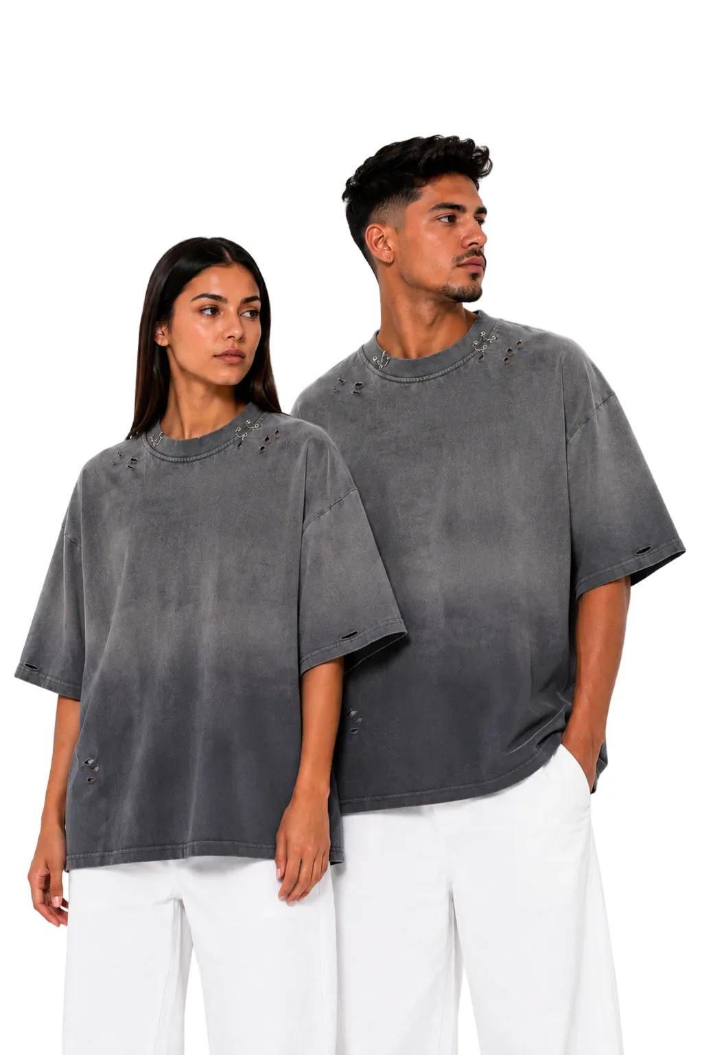 Tricou Negru Oversized Grunge din Bumbac 100% cu Inele Metalice