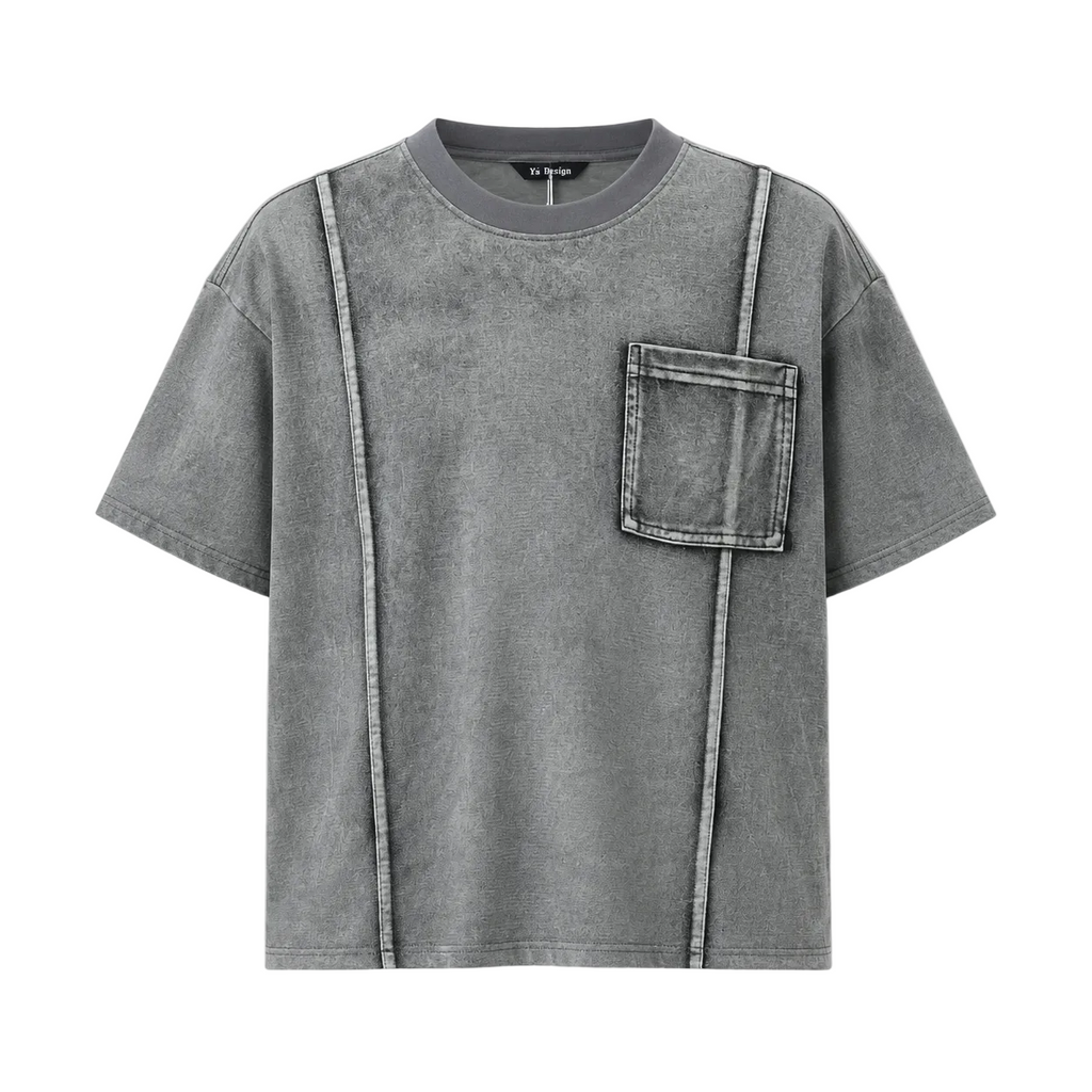 Tricou oversized gri washed din 100% bumbac cu buzunar frontal și design urban modern