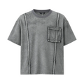 Tricou oversized gri washed din 100% bumbac cu buzunar frontal și design urban modern