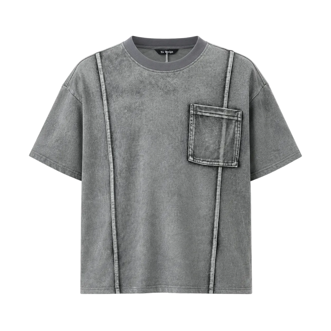 Tricou oversized gri washed din 100% bumbac cu buzunar frontal și design urban modern