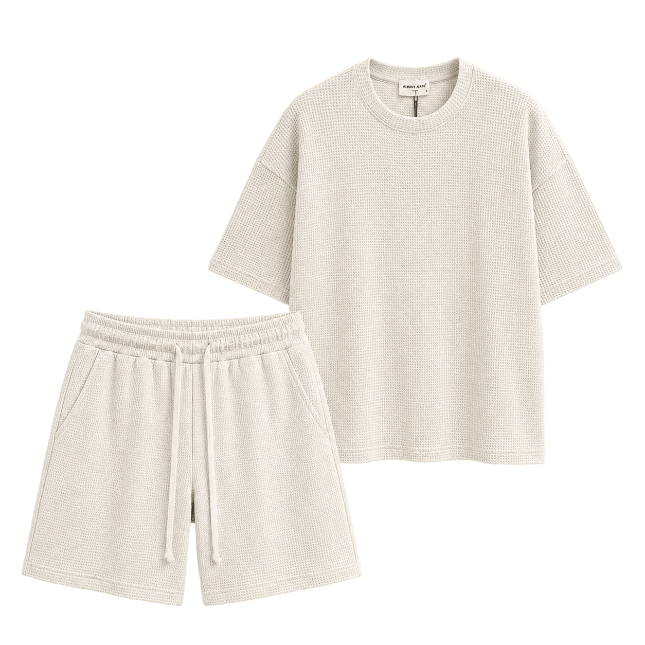 Compleu crem premium pentru bărbați cu tricou oversized și pantaloni scurți waffle pe umeraș