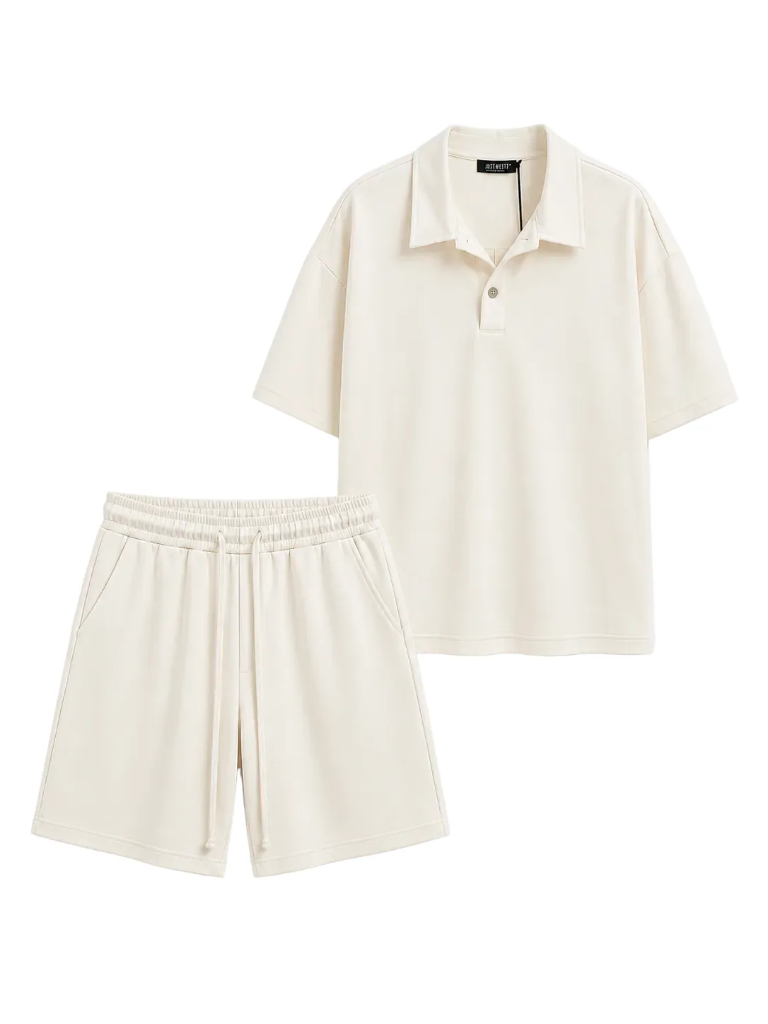 Compleu premium de vară de culoare crem format din tricou polo lejer cu guler și pantaloni scurți asortați cu șiret lung, pre