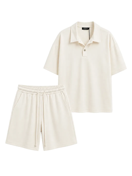 Compleu premium de vară de culoare crem format din tricou polo lejer cu guler și pantaloni scurți asortați cu șiret lung, pre