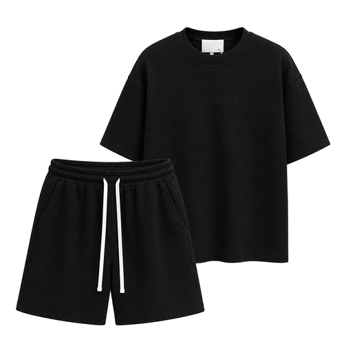 Compleu negru premium pentru bărbați cu tricou oversized și pantaloni scurți casual moderni