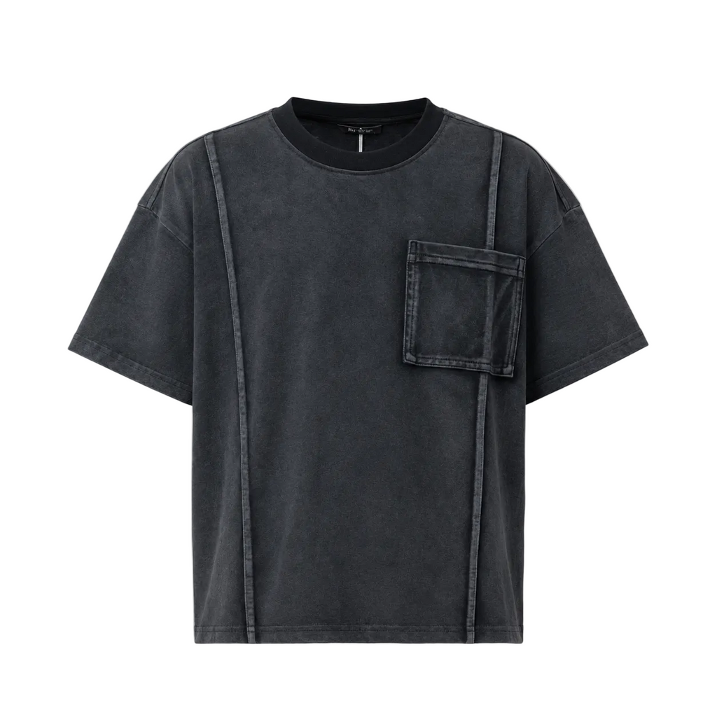 Tricou streetwear oversized negru din bumbac premium cu cusături decorative și buzunar aplicat