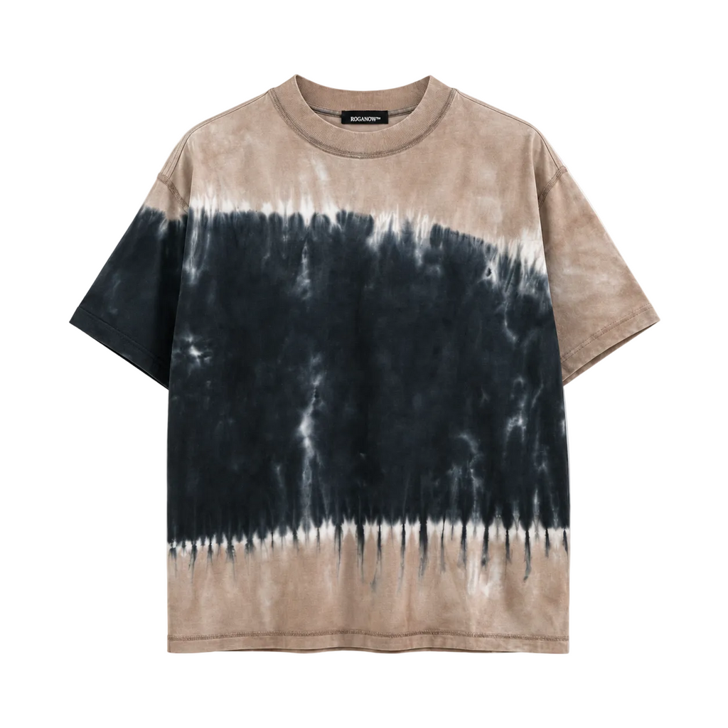 Tricou oversized tie-dye bej și negru din 100% bumbac cu design modern streetwear