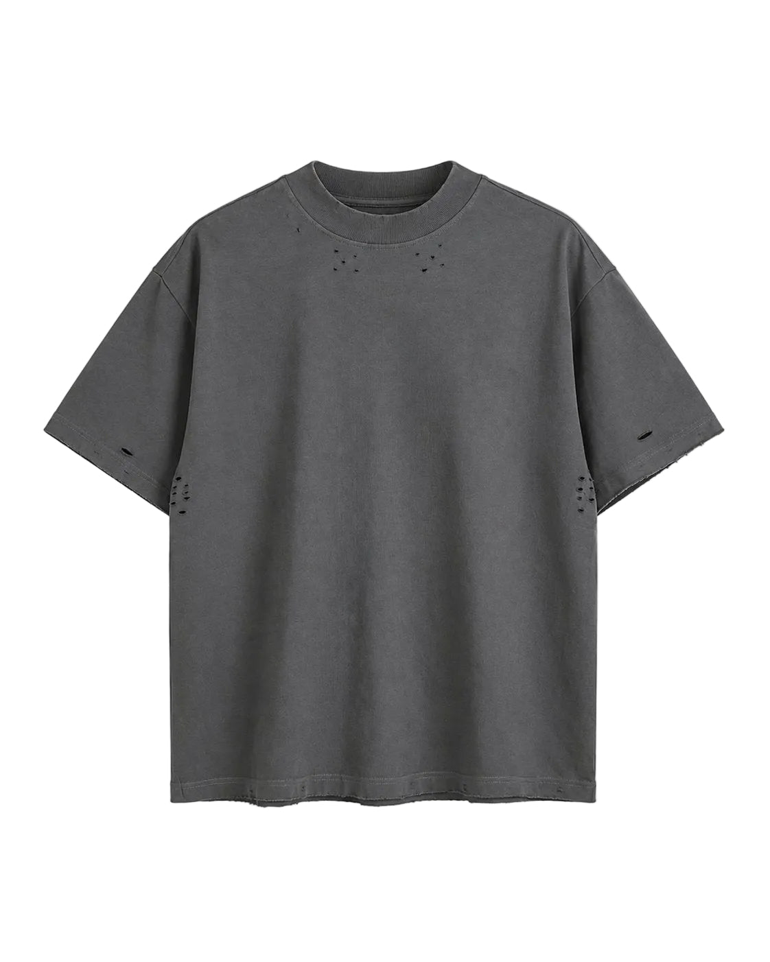 Tricou unisex gri închis cu rupturi discrete pe umeri și piept, croială regular fit